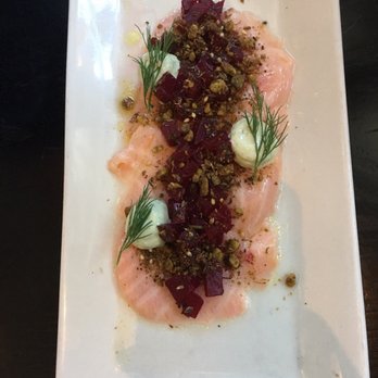 Row 34 - Seaport - Salmon crudo with pistachio and beet - New American Near Me - Boston, Massachusetts