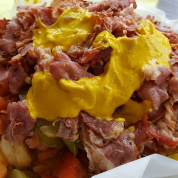 The Hat - Wet fries w/ added pastrami, tomatoes, pickles, onions & mustard - Sandwiches Near Me - Alhambra, California