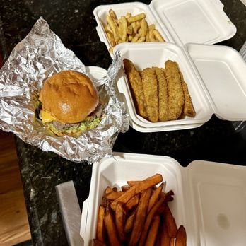 Burger Village - Village Burger with fries, pickle chips, and sweet potato fries - Burgers Near Me - Raleigh, North Carolina