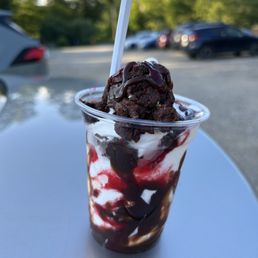 Small raspberry chocolate fudge nor'easter (vanilla soft serve, rasp sauce, hot fudge, brownie) Small raspberry chocolate fudge nor'easter (vanilla soft serve, rasp sauce, hot fudge, brownie)