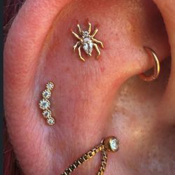 High Priestess Piercing & Tattoo - Flat, Helix, Rook, and Conch piercings all wearing yellow gold jewelry with CZs