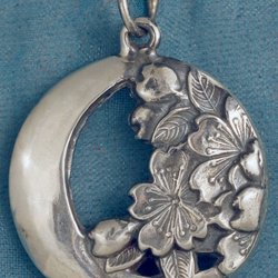 Dragon's Treasure - Crescent Moon and Cherry Blossoms Solid Sterling Silver Pendant