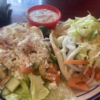 Greek Cafe - Gyro w/ Greek salad special Includes Coke. $10.99. - Greek Near Me - Keller, Texas Greek Cafe - Gyro w/ Greek salad special Includes Coke. $10.99. - Greek Near Me - Keller, Texas