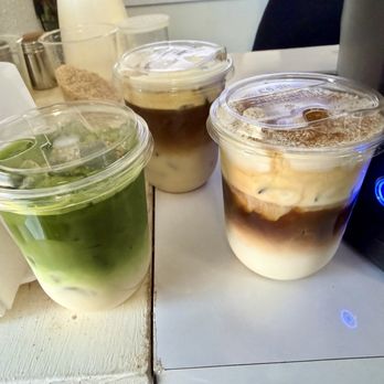 Ren Coffee Cart - Salted Pistachio Matcha (left), Algerian Baklava Latte (right) & Miso Salted Caramel (back) - Coffee & Tea Near Me - Davie, Florida Ren Coffee Cart - Salted Pistachio Matcha (left), Algerian Baklava Latte (right) & Miso Salted Caramel (back) - Coffee & Tea Near Me - Davie, Florida
