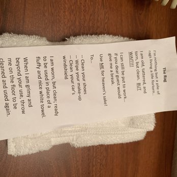 Westerner Motel - Fun note requesting we use a specific clothe for the dirtier items. - Hotels Near Me - Chadron, Nebraska Westerner Motel - Fun note requesting we use a specific clothe for the dirtier items. - Hotels Near Me - Chadron, Nebraska