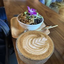 Chicken bowl and bourbon latte