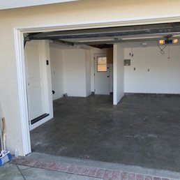 a garage with a door open