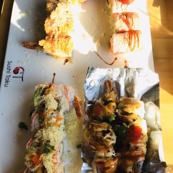 Sushi Taku - Rolls- three of them are with fried shrimp, and the other is with salmon - Japanese Near Me - Chicago, Illinois Sushi Taku - Rolls- three of them are with fried shrimp, and the other is with salmon - Japanese Near Me - Chicago, Illinois