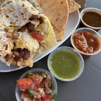 Tacomiendo - Breakfast burrito with chips and a few different salsas. - Mexican Near Me - Culver City, California