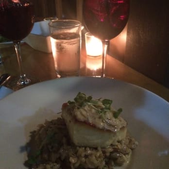 The Abbey - Halibut with wild mushroom rissoto and crab butter sauce... Paired with red sangria - New American Near Me - Brookline, Massachusetts The Abbey - Halibut with wild mushroom rissoto and crab butter sauce... Paired with red sangria - New American Near Me - Brookline, Massachusetts