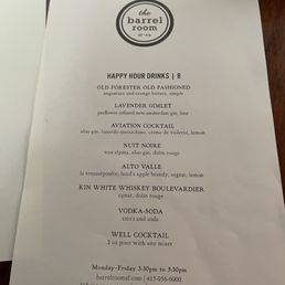 Happy Hour drink menu at The Barrel Room in San Francisco. Happy Hour drink menu at The Barrel Room in San Francisco.