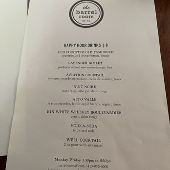 The Barrel Room - Happy Hour drink menu at The Barrel Room in San Francisco. - Wine Bars Near Me - San Francisco, California The Barrel Room - Happy Hour drink menu at The Barrel Room in San Francisco. - Wine Bars Near Me - San Francisco, California
