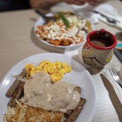 Casa El Desayuno - Biscuit and gravy tri color chilaquiles and cafe de olla