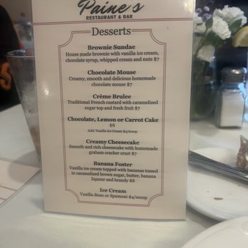 Paines Restaurant - The dessert menu - Steakhouses Near Me - Hollister, California