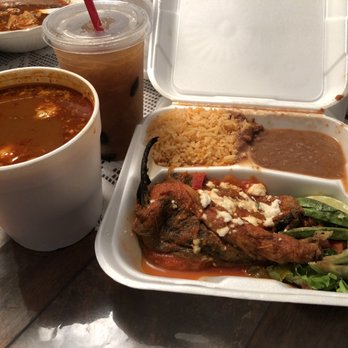 Las Delicias - Menudo, agua de chilacayote and the combination plate of two chiles rellenos with rice and beans. The plate included a soft taco as well. - Mexican Near Me - Los Angeles, California