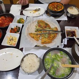 Chive pancake, ox bone soup, beef Soondubu Chive pancake, ox bone soup, beef Soondubu