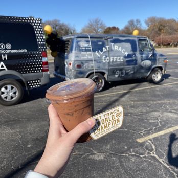 Flat Track Coffee - The van! And my cold brew with oat milk and mocha syrup - Coffee Roasteries Near Me - Fort Worth, Texas
