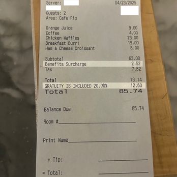 Café Fig - Cafe Fig bill showing 4% "Benefits Surcharge" and an additional 20% Gratuity. - Cafes Near Me - Los Angeles, California