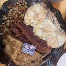 3 eggs any style, bacon, home style potatoes and Toast 3 eggs any style, bacon, home style potatoes and Toast
