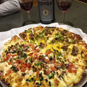 High Five Pizza - Half garlic chicken and half heater! With a bottle of Copolla Pinot! - Pizza Near Me - San Jose, California