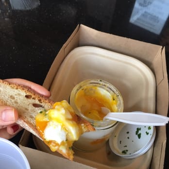 Eggslut - The "Slut" contains a coddled egg and mashed potatoes and is prepared in a glass jar that is boiled - Breakfast & Brunch Near Me - Los Angeles, California