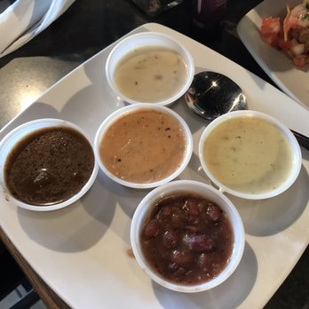 Half Shells - Soup sampler we received for free because we were first timers there. Gumbo, clam chowder, jalapeño, red beans from red beans/rice, bisque. - Seafood Near Me - Dallas, Texas Half Shells - Soup sampler we received for free because we were first timers there. Gumbo, clam chowder, jalapeño, red beans from red beans/rice, bisque. - Seafood Near Me - Dallas, Texas