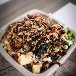 The Poke Box - Garlic Koa - Chicken Karaage, Cabbage, Edamame, Corn, Garlic Aoili, Tamari Glaze, Nori, Tamago, Green Onion, Sesame, Togarashi, Ginger