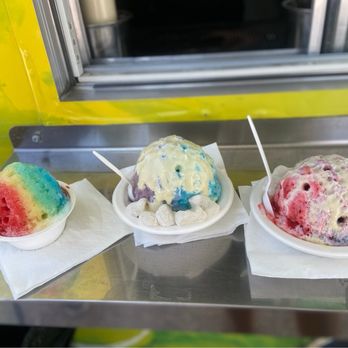 Iwalani's Shave Ice - Yummy! Mine in the middle has Blue Hawaii, Ube Ice cream and Mochi - Food Trucks Near Me Iwalani's Shave Ice - Yummy! Mine in the middle has Blue Hawaii, Ube Ice cream and Mochi - Food Trucks Near Me