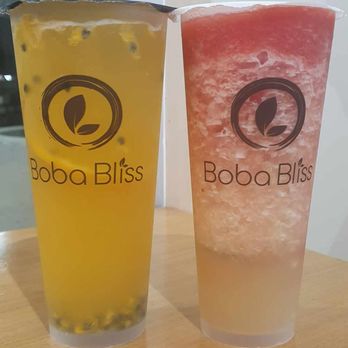 Boba Bliss - Tropical passion tea (left) and Watermelon lychee (right) - Bubble Tea Near Me - Mountain View, California Boba Bliss - Tropical passion tea (left) and Watermelon lychee (right) - Bubble Tea Near Me - Mountain View, California