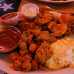 Blackened Catfish with Fried Shrimp. Sides were Fried Okra and Mashed Potatoes with Brown Gravy Blackened Catfish with Fried Shrimp. Sides were Fried Okra and Mashed Potatoes with Brown Gravy