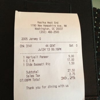 Rasika West End - $27.50 + 2.75 tax + 7.00 tip = $37.25 total for one at the bar - Indian Near Me - Washington, DC, District of Columbia