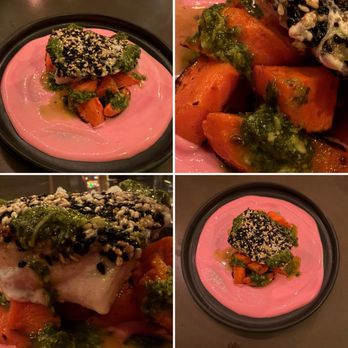 The Osprey - Sesame Crusted Tilefish with Aleppo Carrots garnished with Chamuca and Beet Infused Greek Yogurt - Seafood Near Me - Orlando, Florida