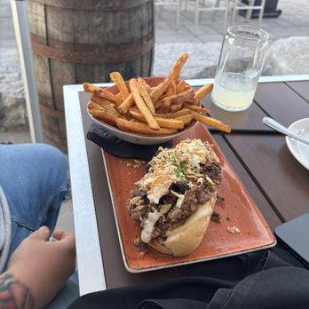 Slabtown cider - Roasted prime rib sandwich with au jus and fries. - Pizza Near Me - Uxbridge, Ontario Slabtown cider - Roasted prime rib sandwich with au jus and fries. - Pizza Near Me - Uxbridge, Ontario