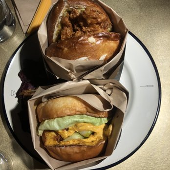 Double Chicken Please - Top: Honey buttermilk Thai basil chx sammy. Bottom: Salted egg yolk and shrimp chx Sammy. Both to die for. - Cocktail Bars Near Me - New York, New York