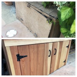 Top photo is my old pool filter enclosure with rotting wood and had broken hinges.  Bottom photo is my new enclosure