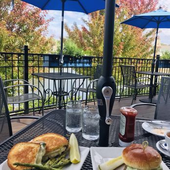 Bleuroot - Enjoying a beautiful view with a grilled cheese sandwich and the Bleuroot burger. - New American Near Me - West Dundee, Illinois