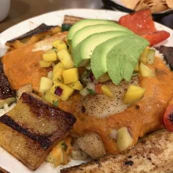 El Zarape Cocina Y Tequila - Pan seared halibut under the grilled vegetables and red pepper sauce - Mexican Near Me - Cypress, California