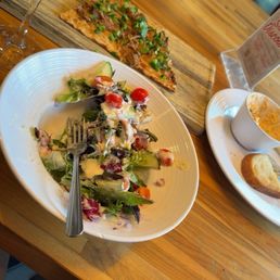 Pork carnitas flat bread pizza, garden salad with creamy Parmesan dressing, cheesy spicy dip. Pork carnitas flat bread pizza, garden salad with creamy Parmesan dressing, cheesy spicy dip.