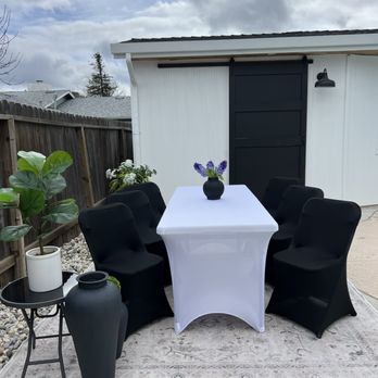 JV Rentals - White Spandex Rectangle table covers, Black spandex chair covers - Party Equipment Rentals Near Me JV Rentals - White Spandex Rectangle table covers, Black spandex chair covers - Party Equipment Rentals Near Me