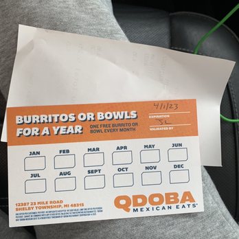 QDOBA Mexican Eats - I WON FREE burritos/bowls for a YEAR!! This was from opening day back in April 2022. - Mexican Near Me - Shelby Township, Michigan