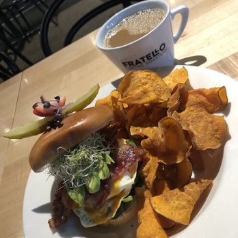 Holy Grill - Avacado Bacon Crunch(?) breakfast sandwich. Sweet potato chips and coffee. - Breakfast & Brunch Near Me - Calgary, Alberta Holy Grill - Avacado Bacon Crunch(?) breakfast sandwich. Sweet potato chips and coffee. - Breakfast & Brunch Near Me - Calgary, Alberta