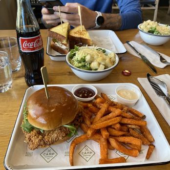 Camp Outpost - Fried chicken Sandwich with Sweet Potato Fries and Outpost club with side salad. Ranch was chefs kiss. - New American Near Me - Springdale, Utah