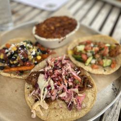 Honcho - Sweet Potatoe Fries Taco, Side of baked Mac and cheese, Fried shrimp taco, and Korean Pork taco