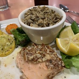 Pecan, mustard-crusted salmon and rice pilaf. Pecan, mustard-crusted salmon and rice pilaf.