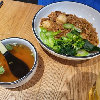 Khao Sen - Pork noodles w fish ball, Chinese broccoli, side of broth - Thai Near Me - Fuquay-Varina, North Carolina Khao Sen - Pork noodles w fish ball, Chinese broccoli, side of broth - Thai Near Me - Fuquay-Varina, North Carolina