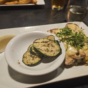 Beechwood Grill - Mexican corn Mahi with grilled zucchini - Seafood Near Me - Holland, Michigan Beechwood Grill - Mexican corn Mahi with grilled zucchini - Seafood Near Me - Holland, Michigan