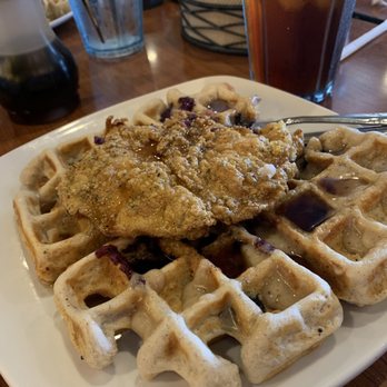 Dame's Chicken and Waffles - The "What a Classy Hen?" with a blueberry waffle and maple -pecan shear. Photo doesn't do it justice. - New American Near Me - Cary, North Carolina Dame's Chicken and Waffles - The "What a Classy Hen?" with a blueberry waffle and maple -pecan shear. Photo doesn't do it justice. - New American Near Me - Cary, North Carolina