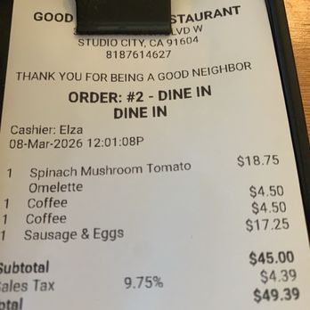 Good Neighbor Restaurant - Total for two breakfasts - Breakfast & Brunch Near Me - Studio City, California