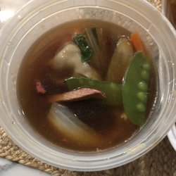 Eight Dragons Take-Out Restaurant - Wonton soup- loaded with veggies ( carrots, bok choy, water chestnuts, mushrooms) pork strips and large wontons!
