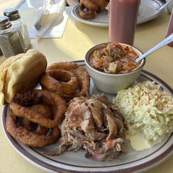 Allman's Bar B Q - Sliced pork, onion rings, coleslaw, Brunswick stew - Barbeque Near Me - Fredericksburg, Virginia